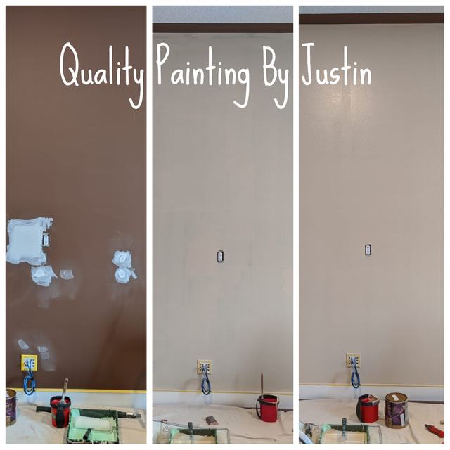 Three-panel photo of the same wall: patched brown wall, primed, then finished in a light beige