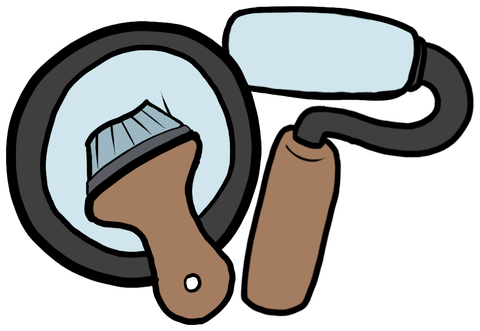 QP logo: a cartoon paint-can lid with a brush shaped like a Q and a roller shaped like a P